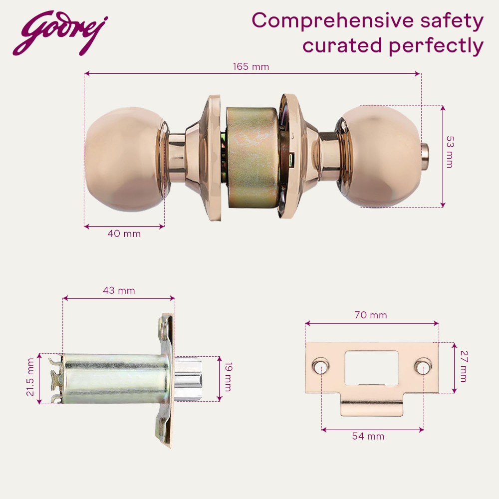 Godrej Cylindrical Lock| With 3 Keys I Suitable for Bedroom Doors &Inter-Connected Doors for Commercial Space | Backset 60mm | Door Thickness 32mm to 45mm | Rose Gold Finish | 5 years warranty